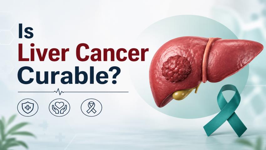 3D medical illustration of liver with cancerous tumour asking Is Liver Cancer Curable — expert liver cancer treatment by Dr. MSS Keerthi, Liver Cancer Surgeon at Hills Onco Care, Hyderabad
